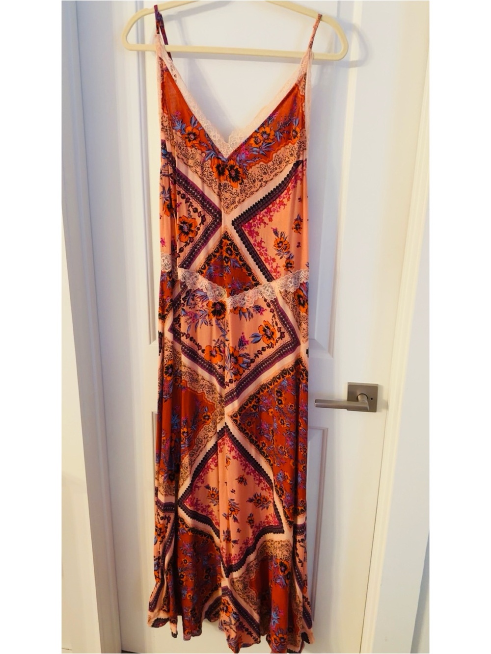 Free People Peach and Rust Floral Lace-Trim Maxi Dress